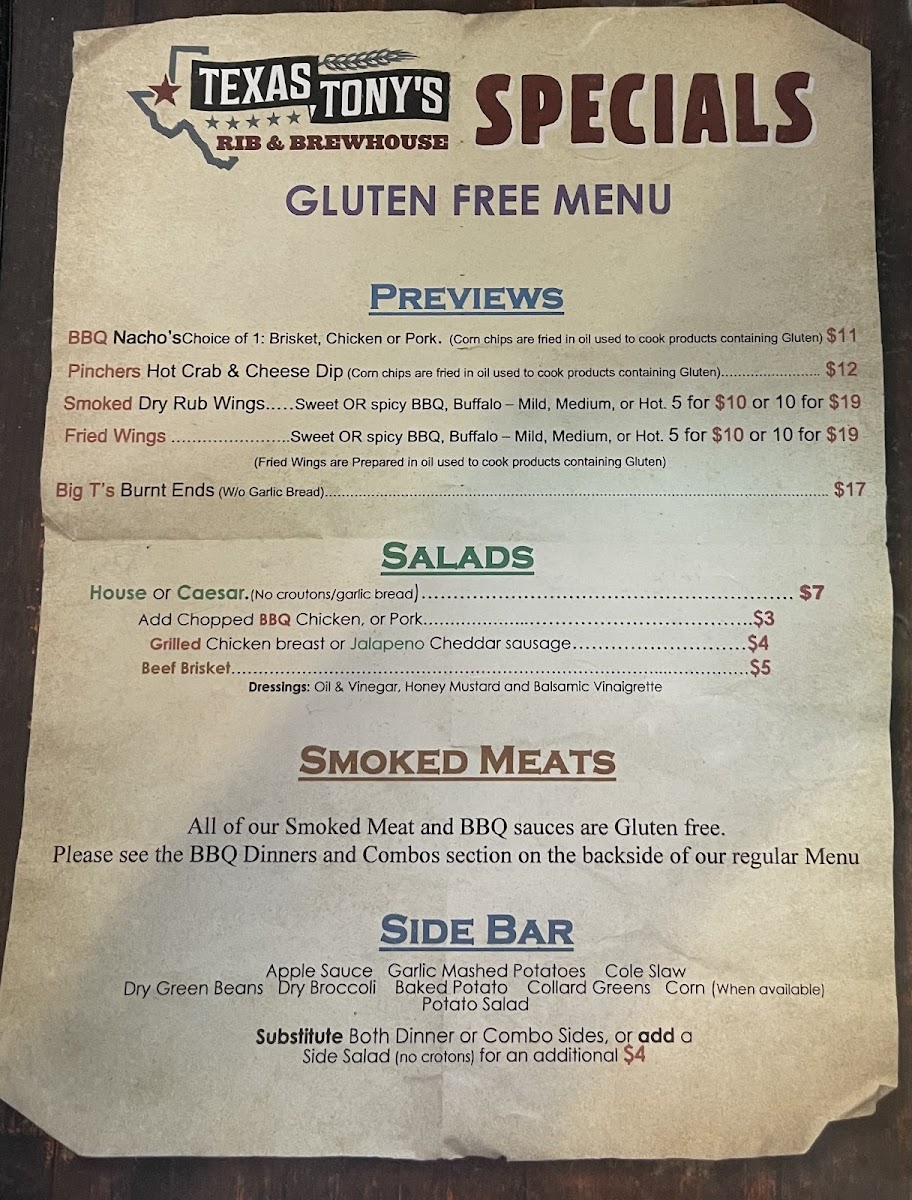 Texas Tony's Rib & BrewHouse gluten-free menu