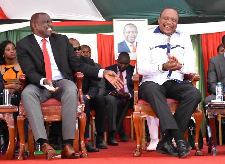 Deputy President William Ruto and President Uhuru Kenyatta at the commissioning of the Ultra-Modern Rivatex East Africa Limited Textile Production Plant and the Moi University Technologies Digital Assembly Plant on June 21, 2019.