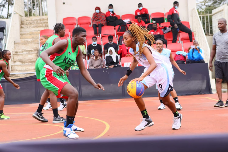 Kenya's Medina Ojot challenges Benin's Ramouziath Agbayizo during a past FIBA 3x3 Nations League match at Nyayo Stadium