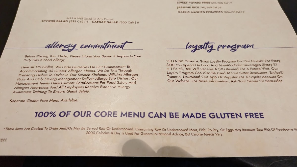 110 Grill gluten-free menu