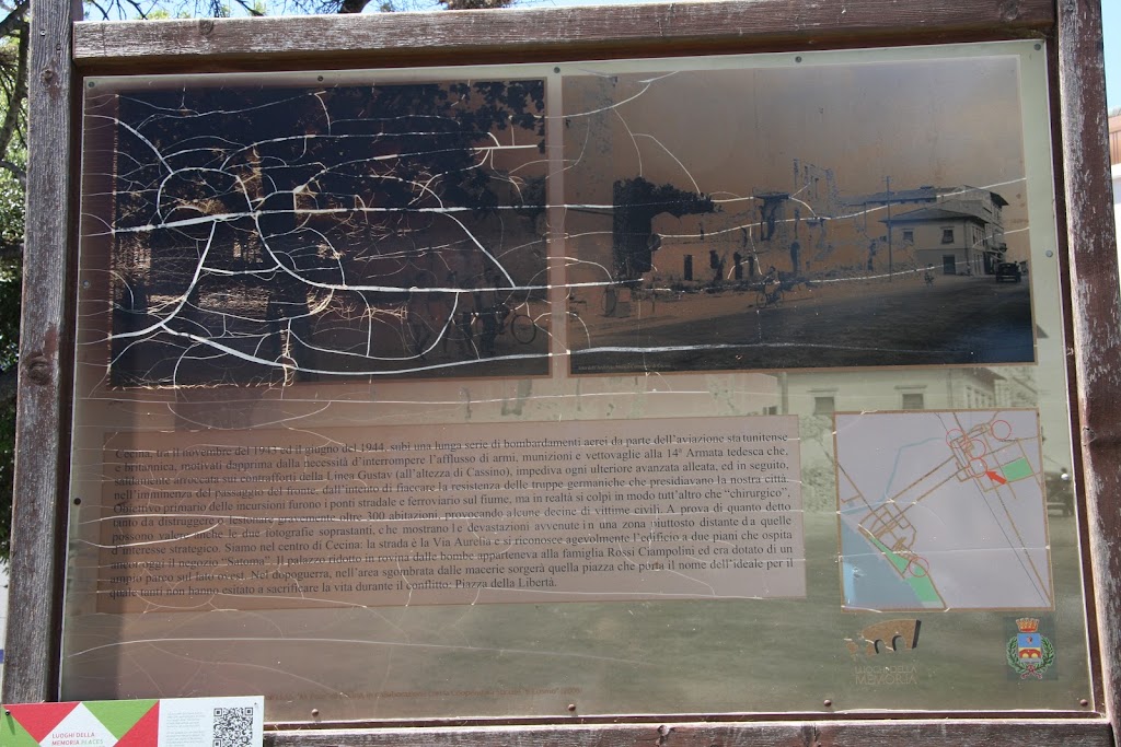   Plaque reads: Cecina, tra il novembre del 1945 ed il giugno del 1944, subi una lunga serie di bombardamenti aerei da parte dell'aviazione sta tunitense e britannica, motivati dapprima dalla ...