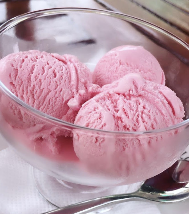 Smooth and creamy strawberry and vanilla ice cream