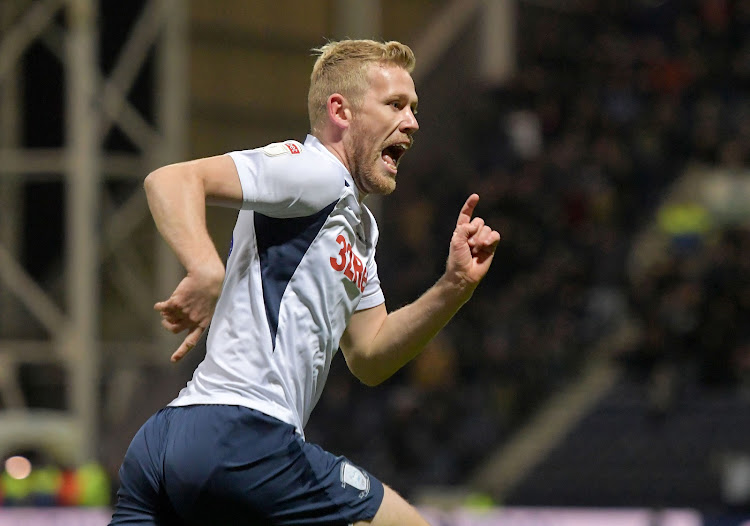 Preston's striker Jayden Stockley celebrates after scoring aganst Luton Town in December 2019. Stockley confirmed that striker had tested positive for Covid-19 and was asymptomatic.