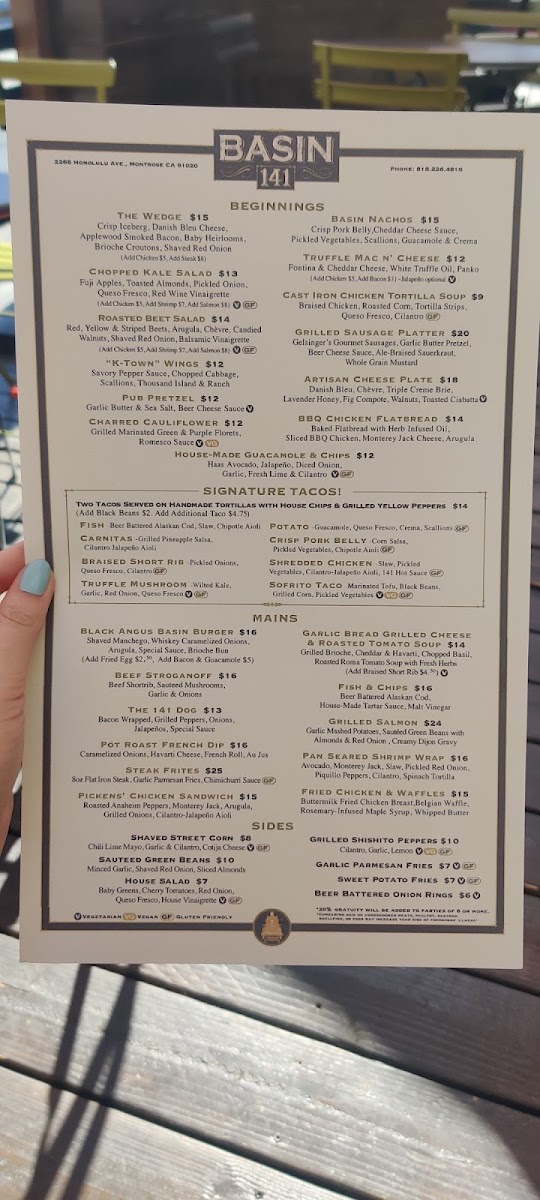 Basin 141 gluten-free menu