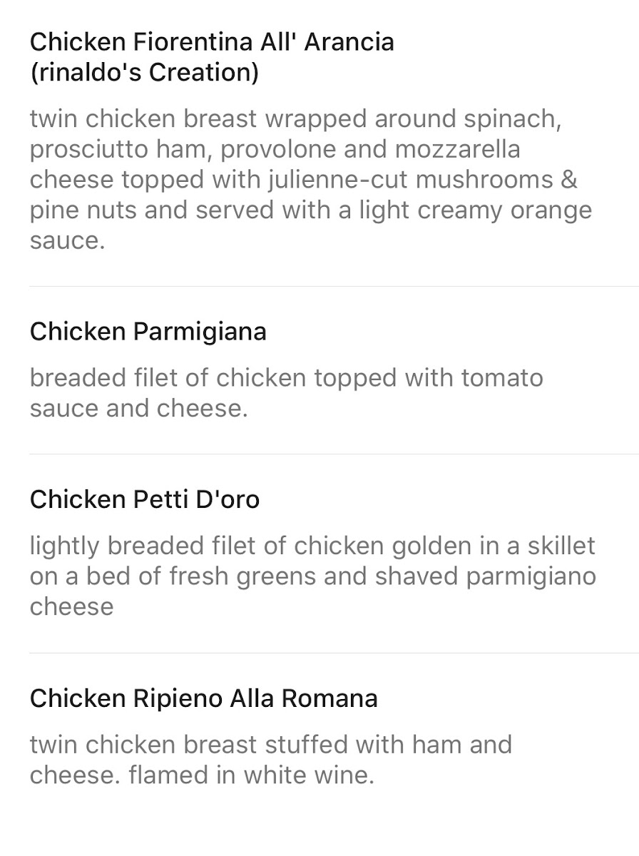 Villa Romana Italian Restaurant gluten-free menu