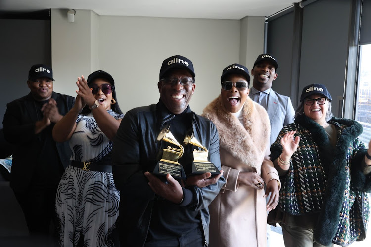 From left: Aline CEO Sibo Mhlungu, artist Boity Thulo, Arena Holdings chairman Tshepo Mahloele and Grammy award-winning artists Nomcebo Zikode, Zakes Bantwini and head of the music arena at Arena Holdings, Antos Stella, pose for a picture after announcing the launch of 'Aline' on July 13 2023 at the Hill on Empire building in Parktown, Johannesburg.