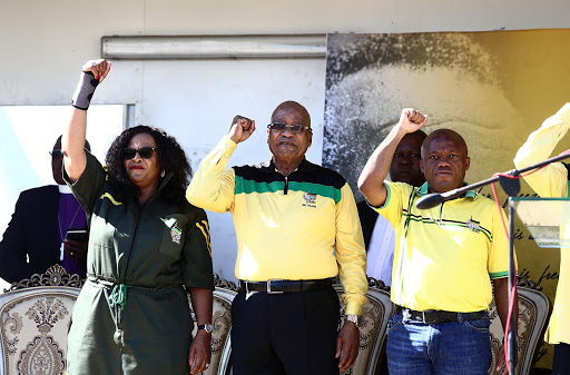ANC NEC member Nomvula Monkonyane, president Jacob Zuma and ANC provincial chair Sihle Zikalala at the ANC Siyanqoba Rally in Nquthu.