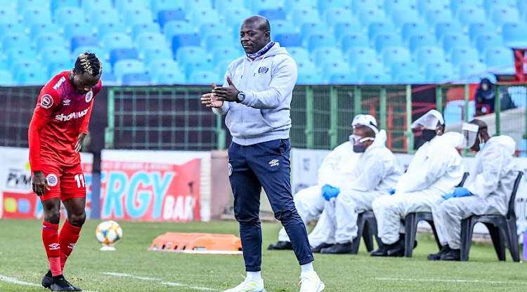 Kaitano Tembo (coach) of Supersport United and Kudawashe Mahachi of SuperSport United during the Absa Premiership match between Cape Town City FC and SuperSport United at Loftus Versveld Stadium on September 05, 2020 in Pretoria, South Africa.