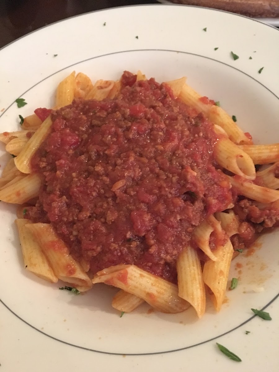 Gluten free penne pasta bolognese