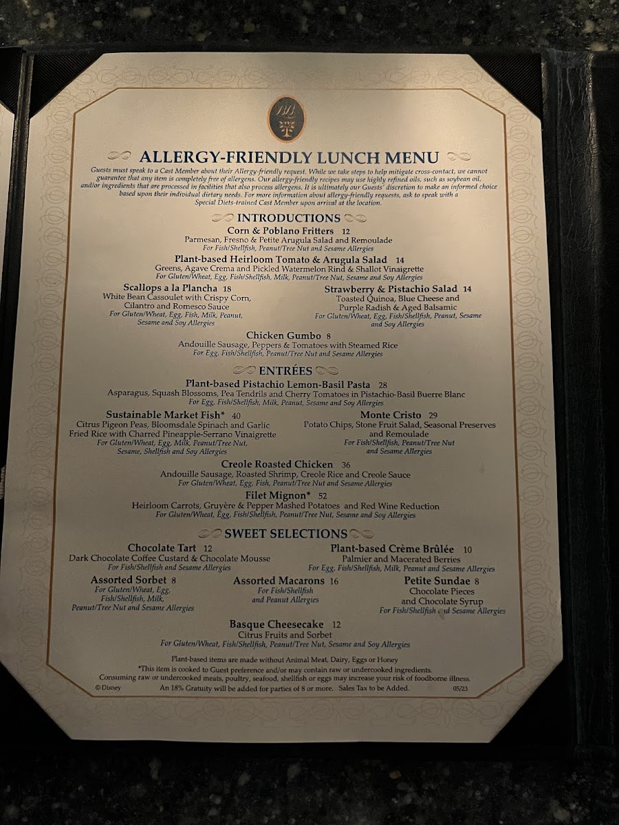 Blue Bayou Restaurant gluten-free menu