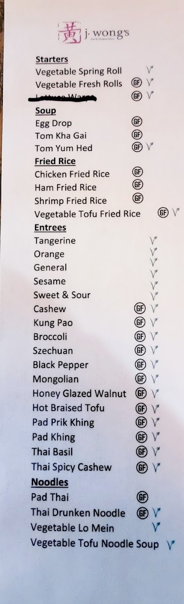 J. Wong's Asian Bistro gluten-free menu