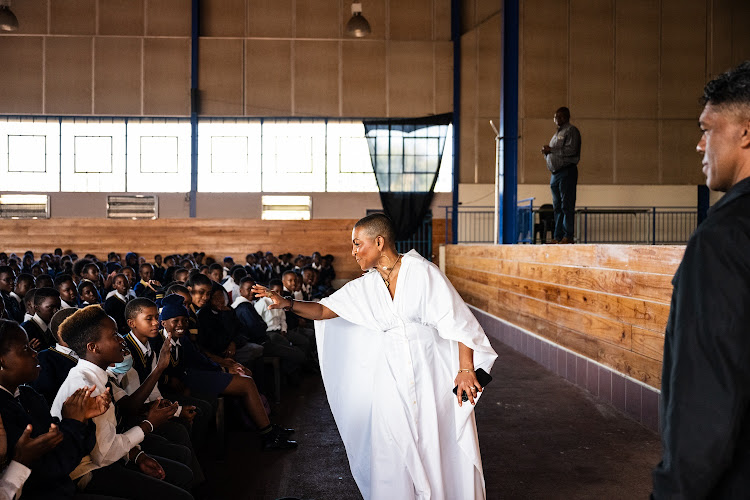 Netflix Bridgerton actor Adjoa Andoh at Isaac Morrison High School in Soweto