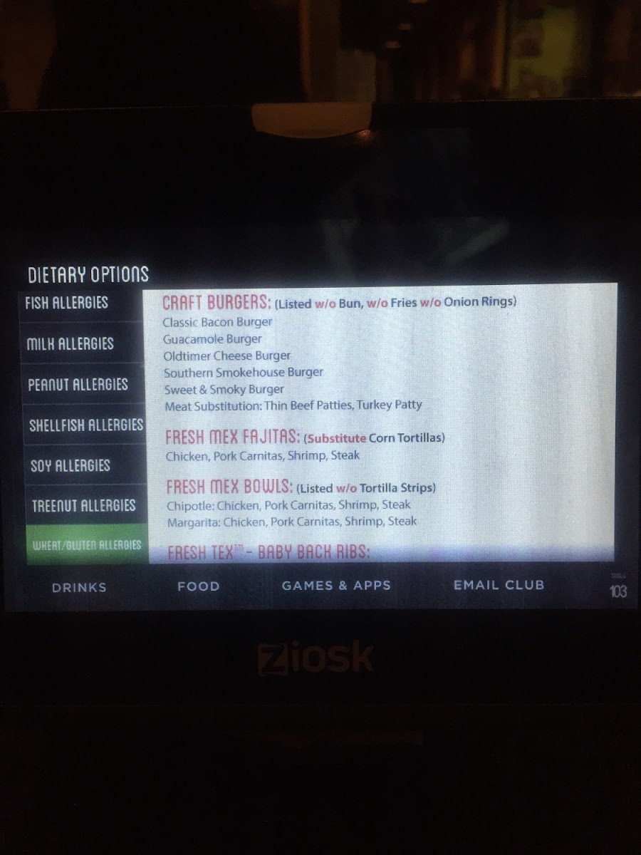 Gluten free options on the table tablet.