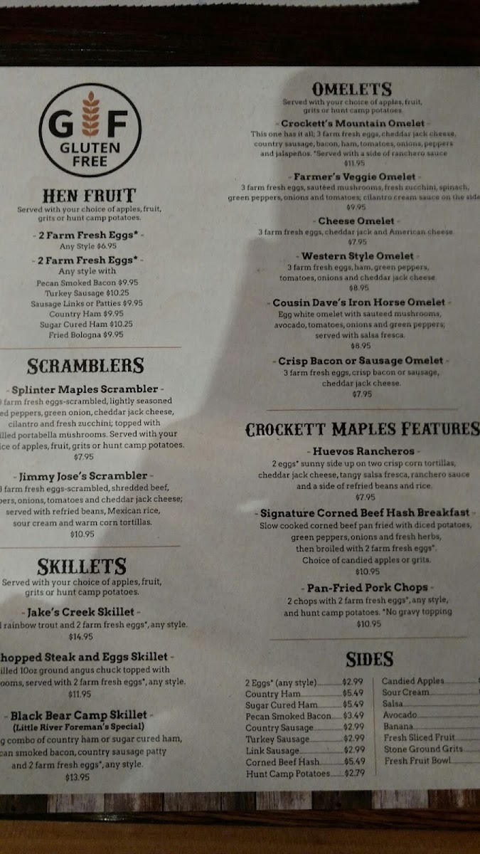 Crockett's Breakfast Camp gluten-free menu