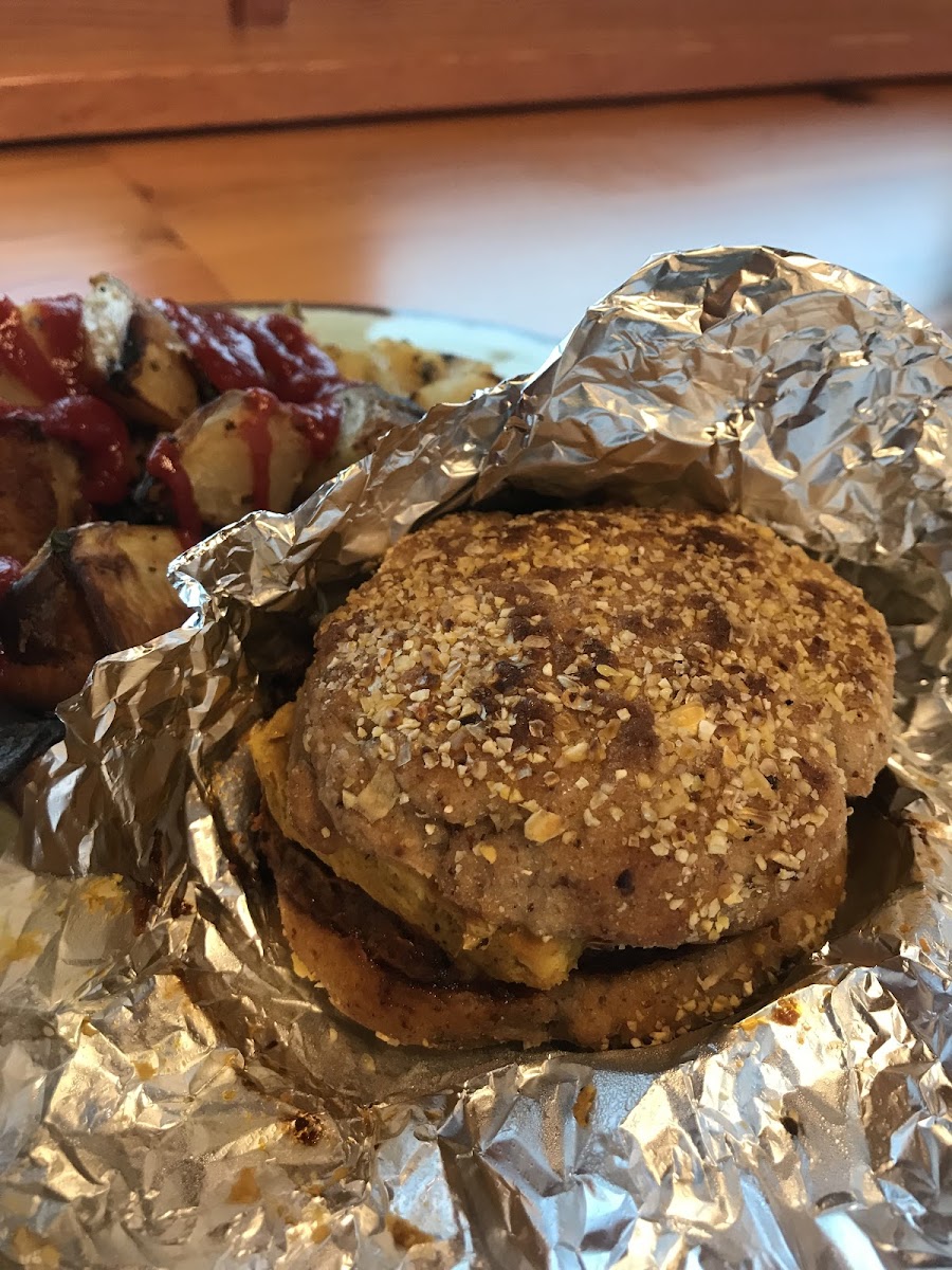 GF breakfast sandwich and roasted potatoes
