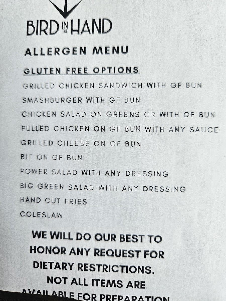 Bird in the Hand gluten-free menu