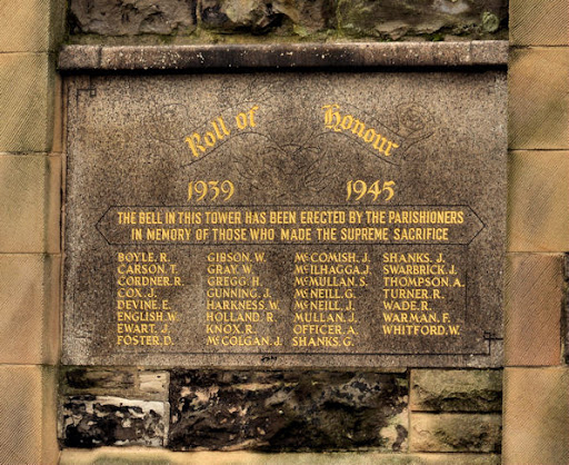 WWII memorial on the southern side of the bell tower of St Pauls church J3475 : St Paul's (CoI) church, Belfast, York Street. © Copyright Albert Bridge and licensed for reuse under this Creative...