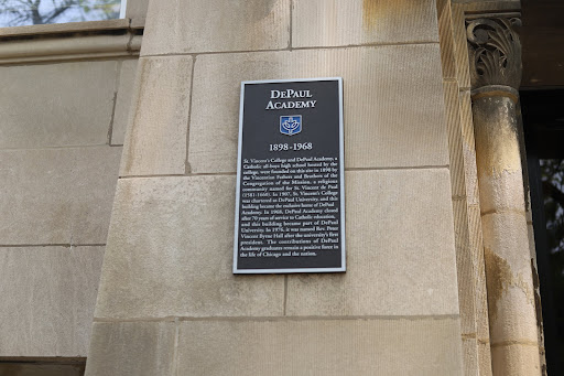 This is a plaque commemorating DePaul Academy, an all-boys high school that ran from 1898 until 1968 on the site of what's now Byrne Hall at DePaul University. The academy was a feeder school for...