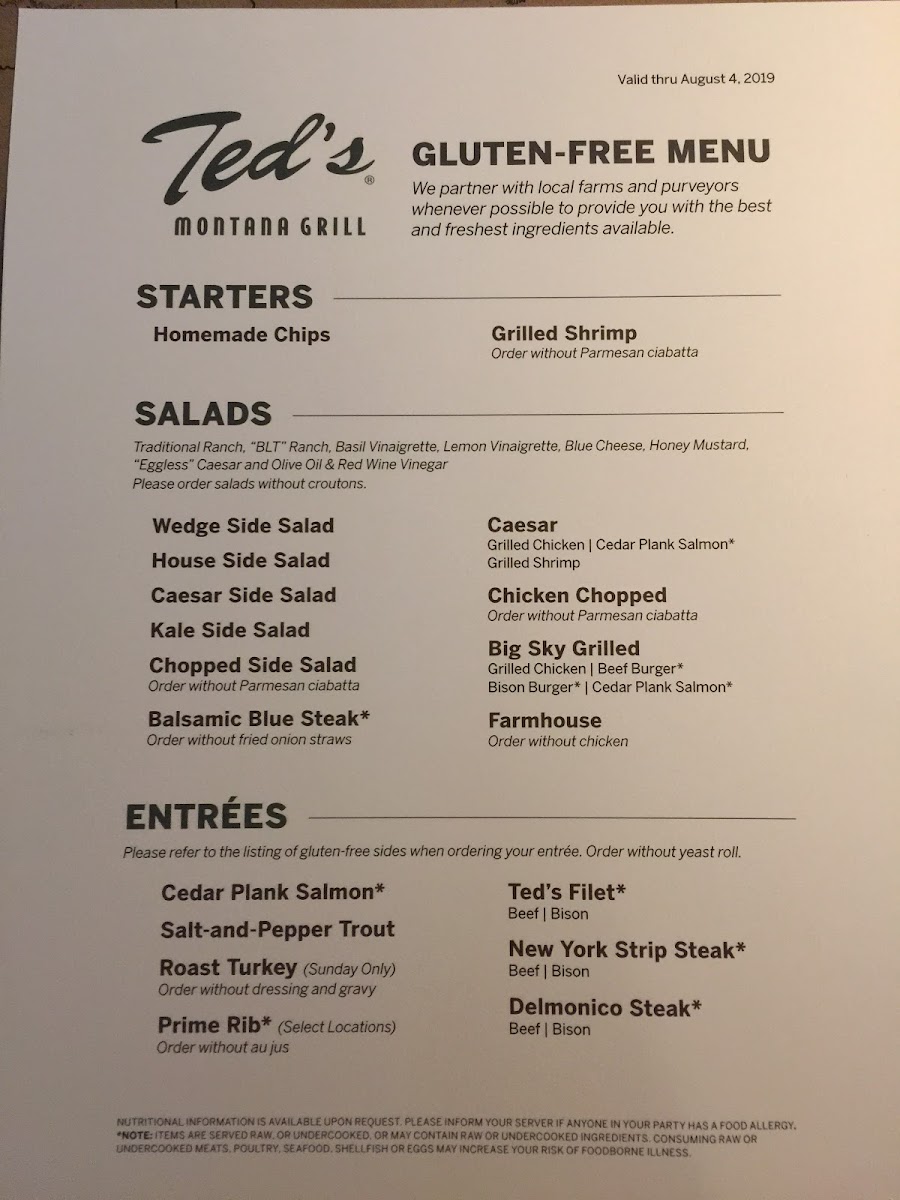 Ted's Montana Grill gluten-free menu