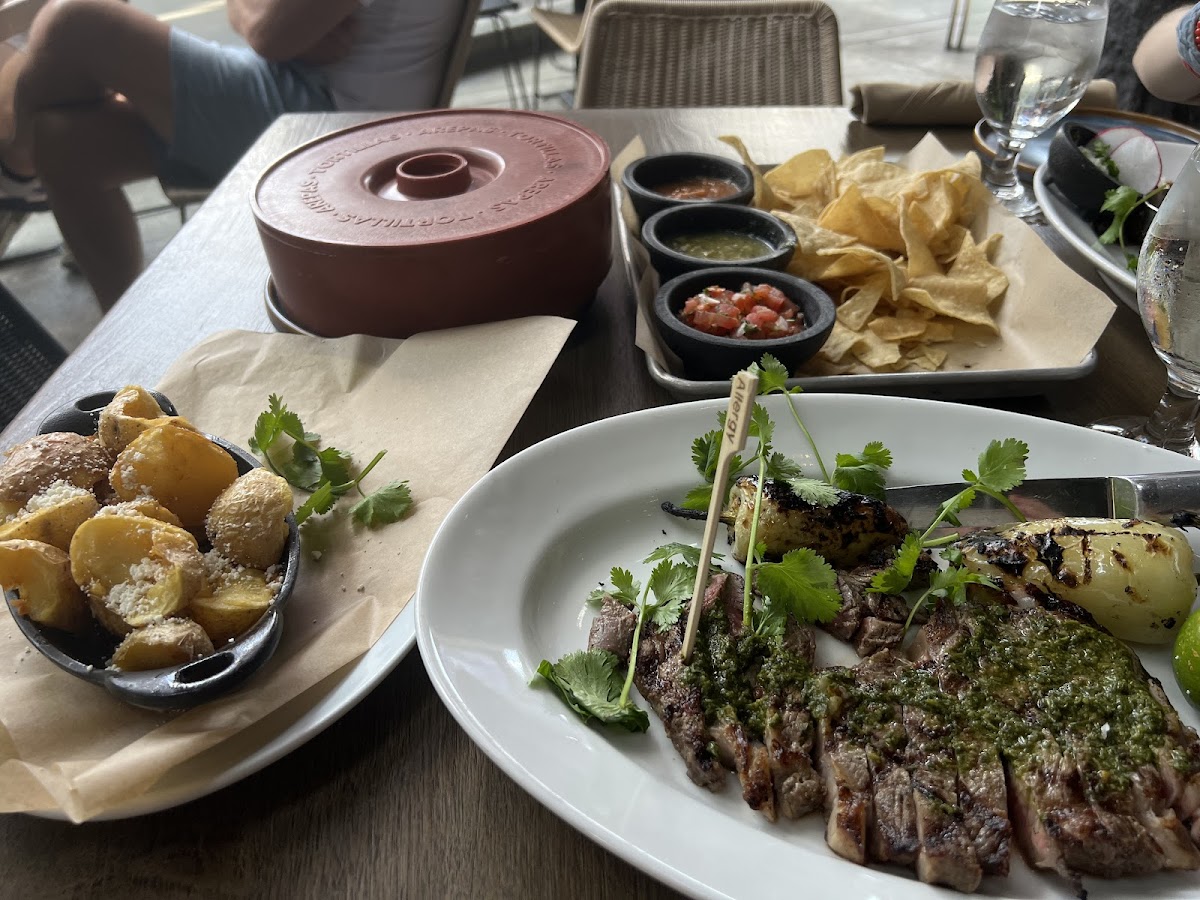 NY steak, roasted potatoes, corn tortillas