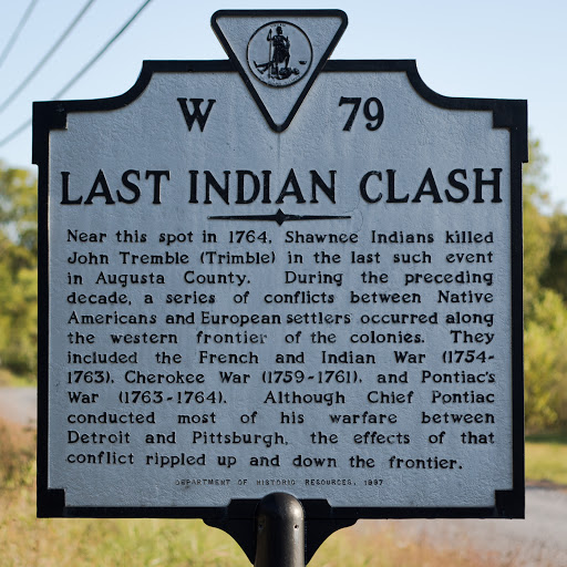 After decades of driving past this plaque, I finally stopped to read the "Last Indian Clash" Near this spot in 1764, Shawnee Indians killed John Tremble (Trimble) in the last such event in Augusta...