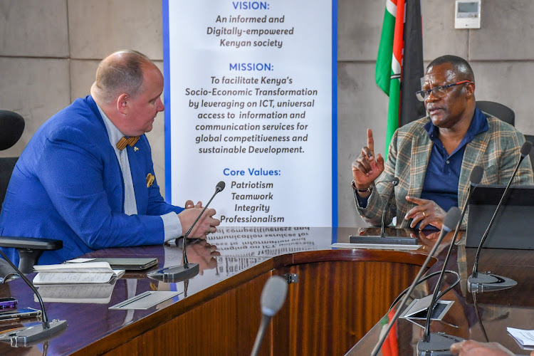 ICT and Digital Economy CS Eliud Owalo in a meeting with Estonian Ambassador to Kenya Daniel Erik Schaer on December 8, 2023.