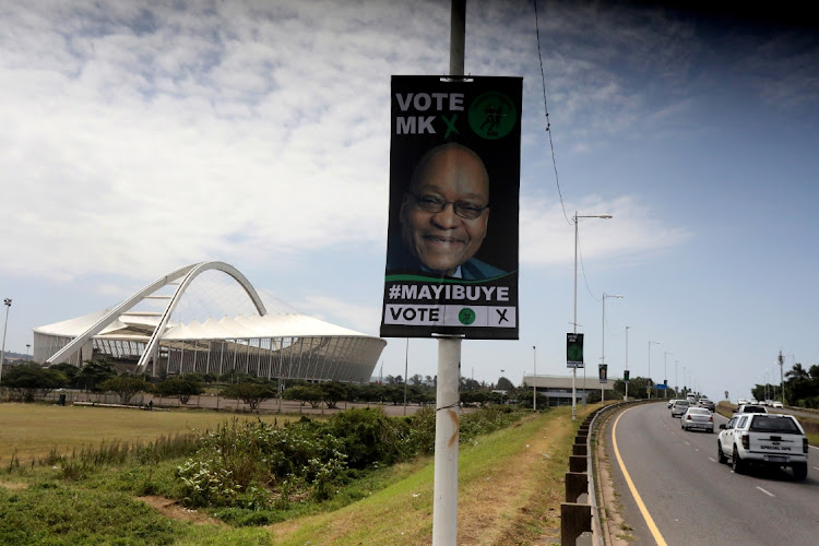 MK Party campaign posters for the 2024 general elections on the M4 in Durban. The Electoral Court has ruled the newly formed party led by former president Jacob Zuma can participate in the elections in May. File photo.