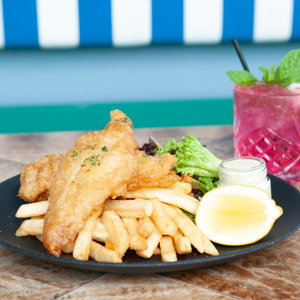 Fish and chips. Can be found on both our lunch menu and a la carte.