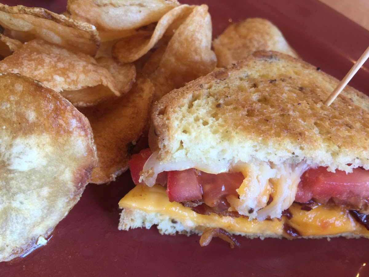 Three grilled cheese on gluten free bread with house made potato chips