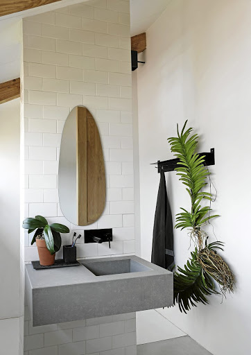 In the bathroom, industrial materials like steel and concrete are animated by plants, including orchids and aerophytes that thrive in the moist environment.