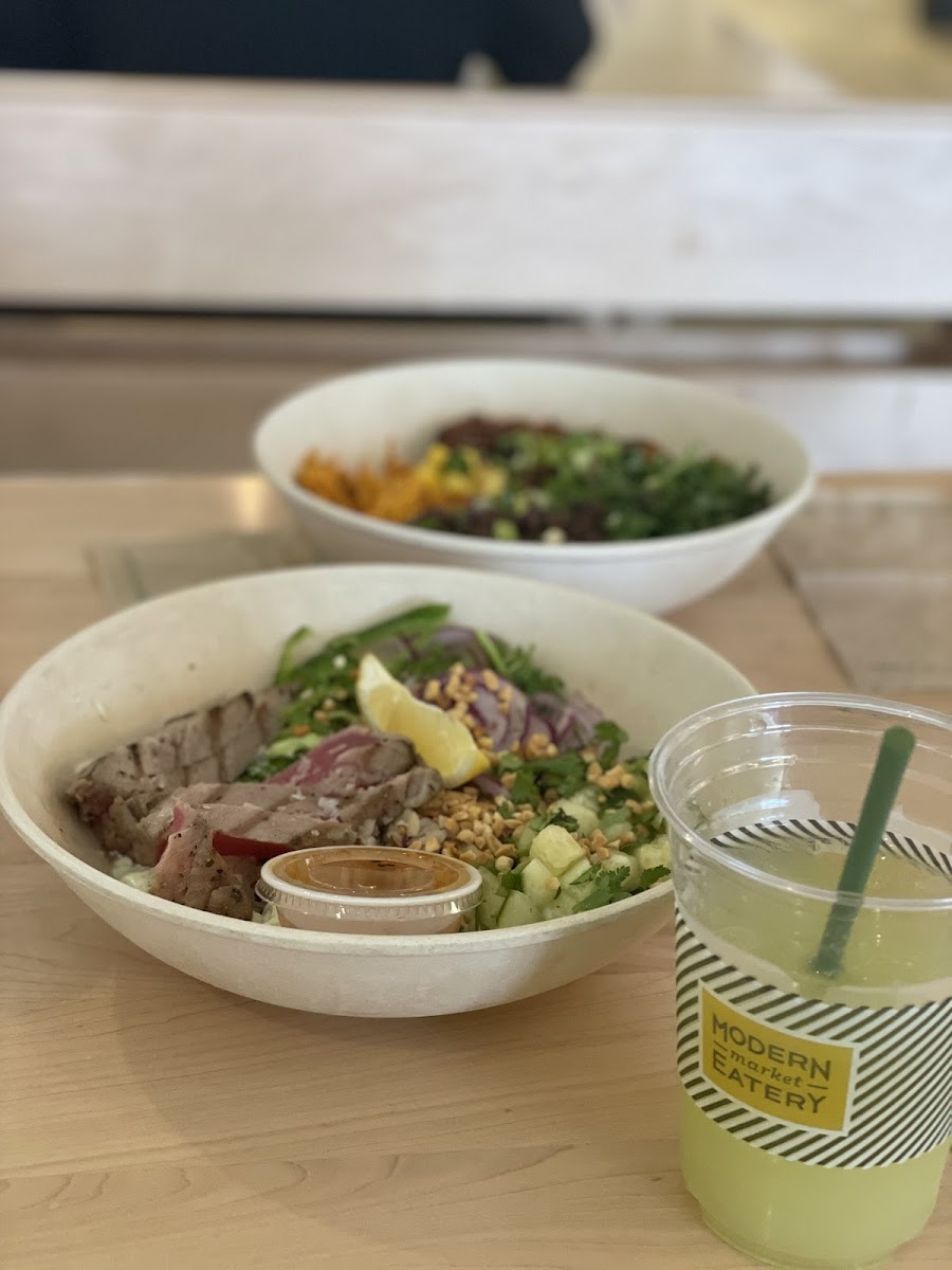 Cucumber lemonade, ahi tuba lemongrass bowl, smoked chicken bowl