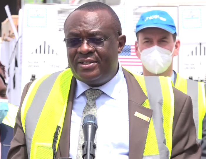 Head of Vaccines deployment taskforce chair Willis Akhwale speaks when he received a consignment of 1.36 million doses of Pfizer from the US government on January 24, 2022
