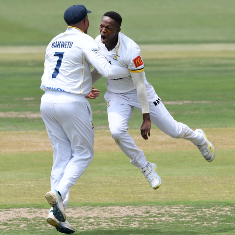 Tshepo Moreki celebrates after dismissing Kyle Verreynne on day 2 of the Four-Day Series final between the Lions and Western Province at the Wanderers.