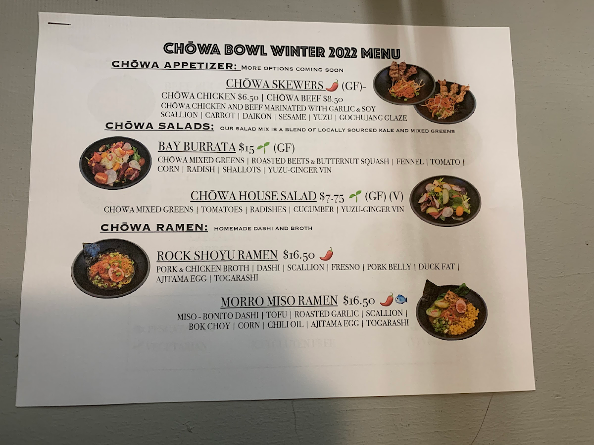 Chowa Bowl gluten-free menu
