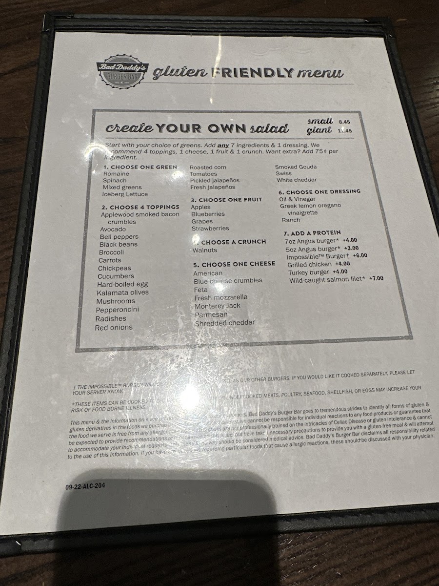 Bad Daddy's Burger Bar gluten-free menu