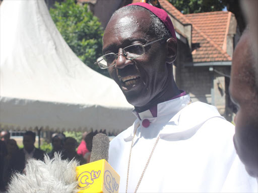 Anglican Church of Kenya (ACK), Archbishop Eliud Wabukala addressing the media on the Langata school land grab in Nairobi ./FILE
