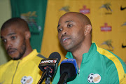 Thabo Senong (assistant coach) address the media during the South African national soccer team press conference at Garden Court Hotel Eastgate on October 14, 2015 in Johannesburg, South Africa.