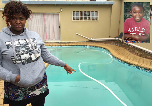 DISTRAUGHT: Lelami’s aunt Lydia Mugala standing next to the pool her nephew was found drowned in. INSET: Lelami Mugoda Picture: ZWANGA MUKHUTHU