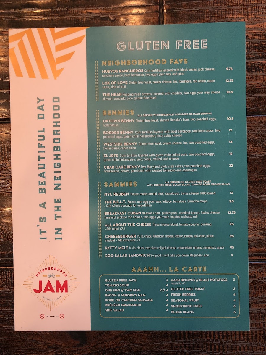 Neighborhood JAM gluten-free menu