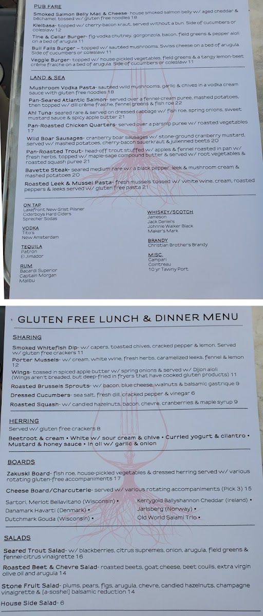Tine & Cellar gluten-free menu