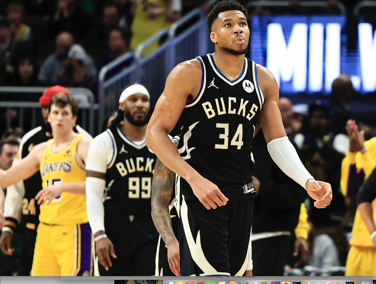Milwaukee Bucks' Giannis Antetokounmpo reacts during recent NBA regular season game against Los Angeles Lakers