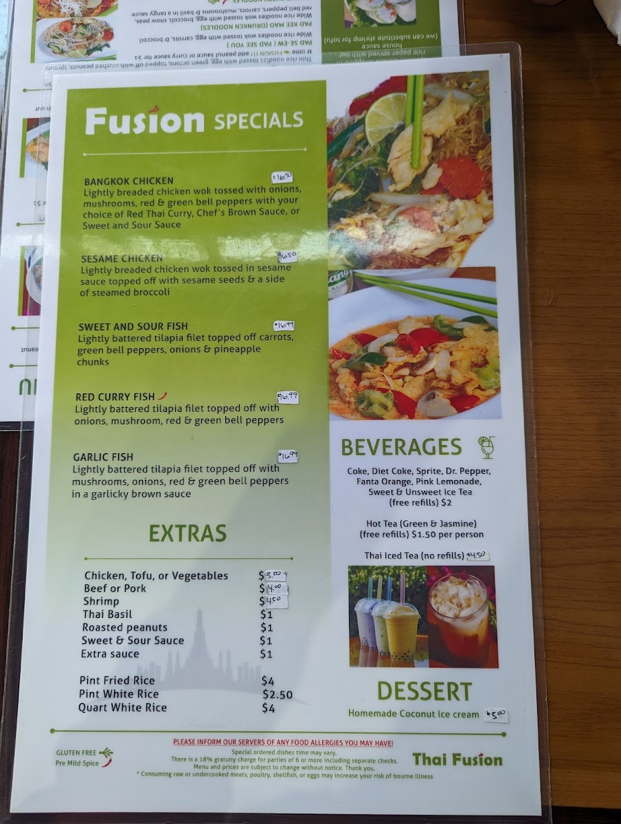 Thai Fusion gluten-free menu
