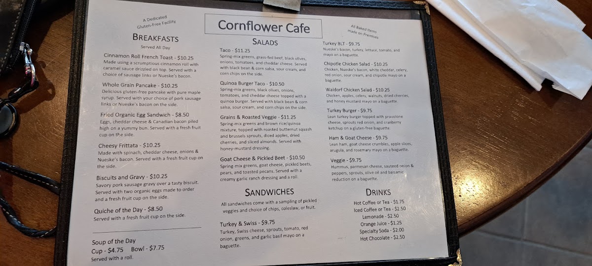 Cornflower Cafe gluten-free menu