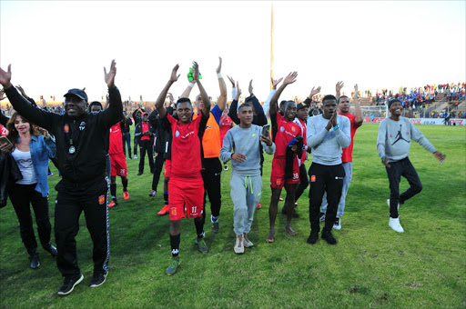 Highlands Park players celebrate after beating the University of Pretoria at Makhulong. Pic Veli Nhlapo