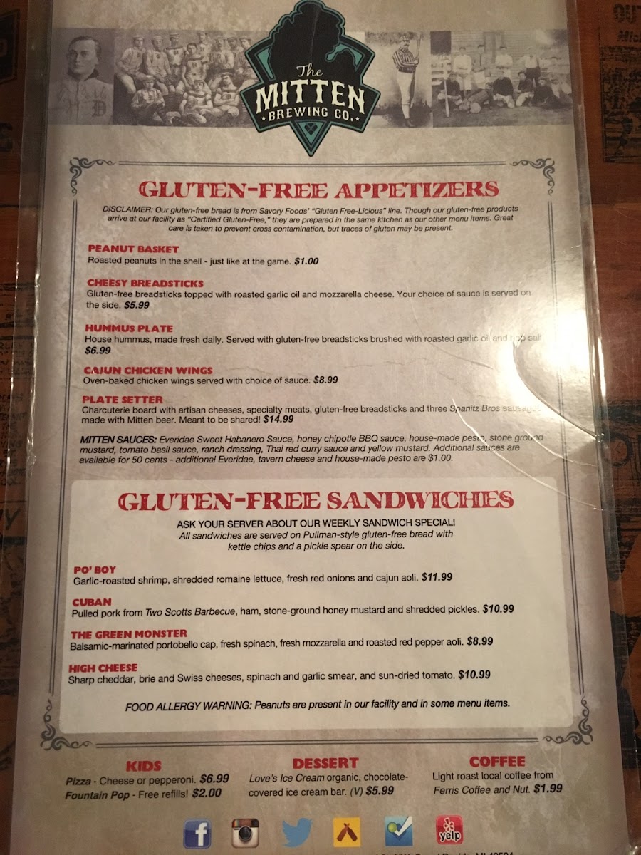 The Mitten Brewing Company gluten-free menu