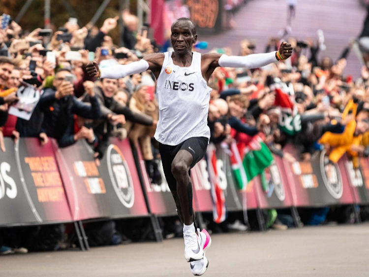 Eliud Kipchoge storms to the finish line during Ineos 1:59 challenge on October 12, 2019.