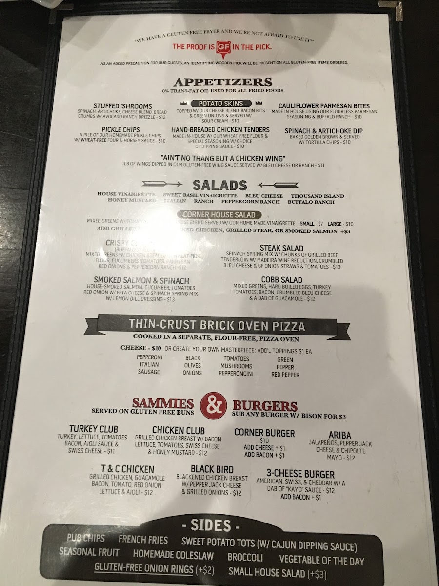 The Corner Pub & Grill gluten-free menu