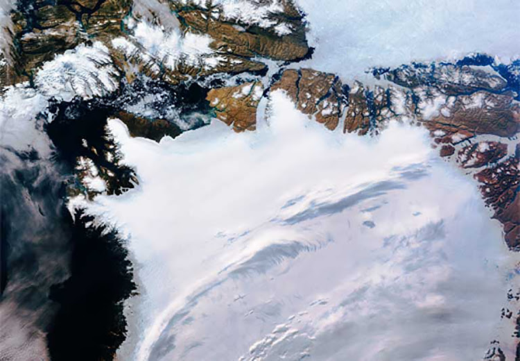 Changes in ice sheets like this one in northwest Greenland can disrupt ocean circulation, impact weather patterns, and raise sea levels, which, in turn, can increase coastal erosion and storm surges, according to scientists. Image captured by the Copernicus Sentinel-3 satellite / European Space Agency via Flickr (CC BY-SA 2.0).