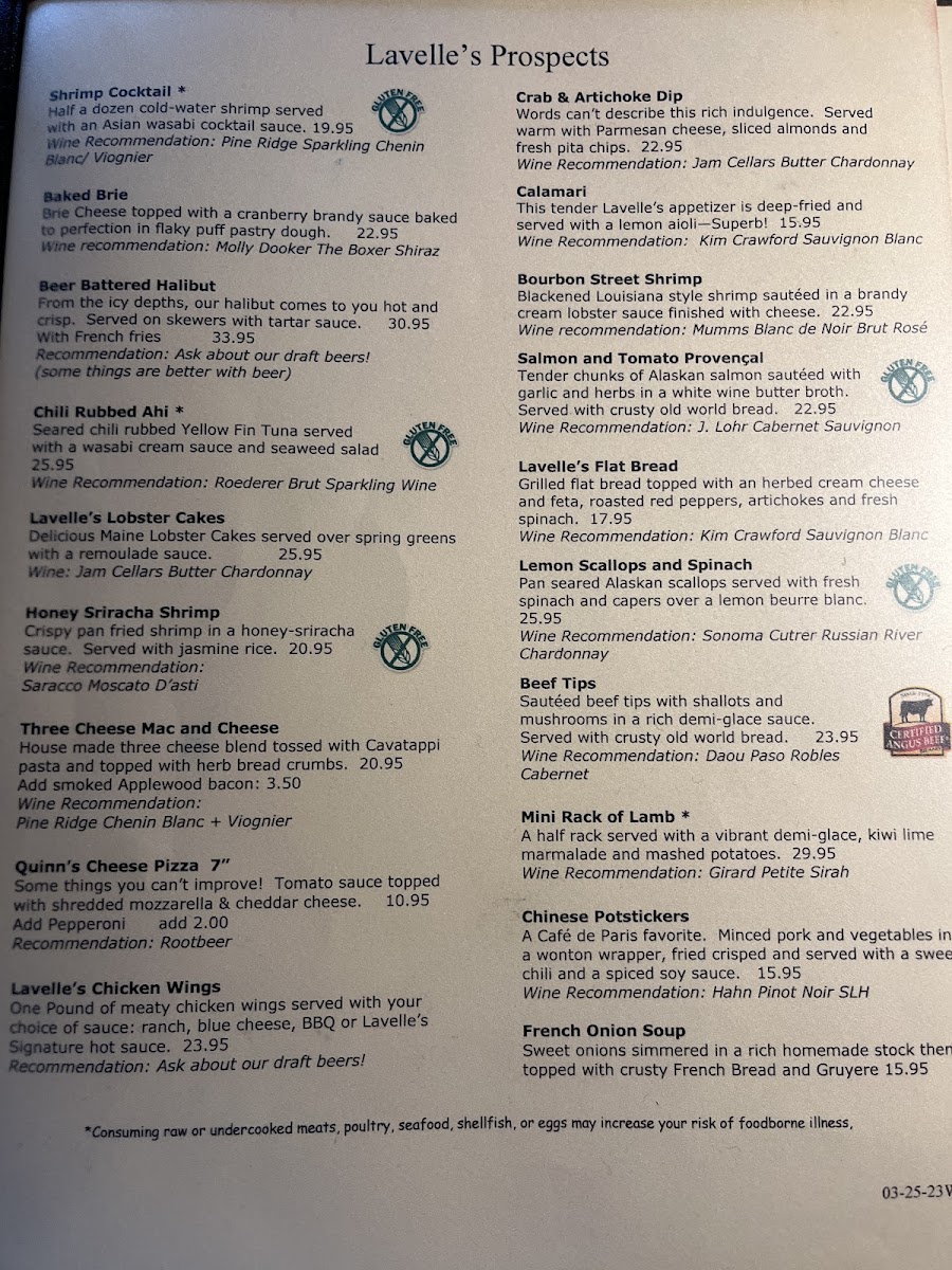 This is just one page of the menu, GF clearly marked. Crème Brûlée is GF delicious, also have local Hot Licks ice cream which is fantastic!
