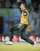 Dale Steyn of South Africa celebrates after running out Ross Taylor of New Zealand off the last ball to win the World Twenty20 match in Bangladesh